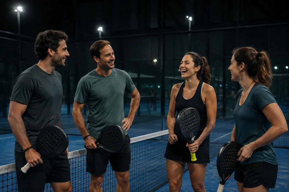Maç sonrası filenin başında sohbet eden dört padel oyuncusu