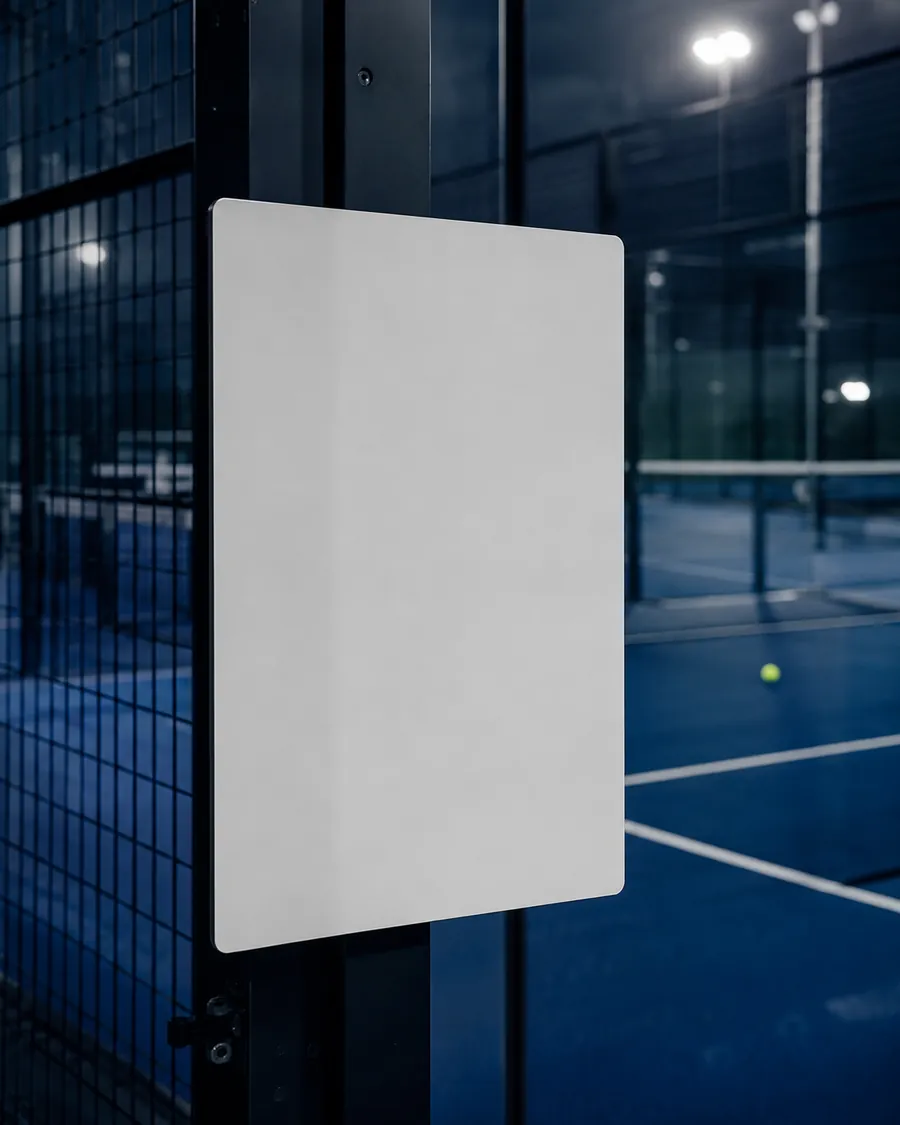 Padel kortu girişindeki CourtAction tabelası