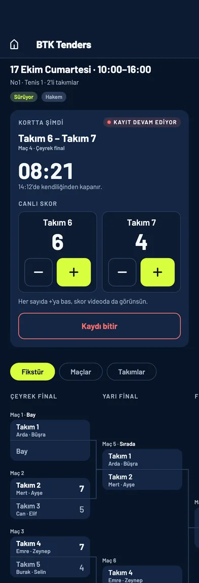 Hakemin canlı skor ekranı
