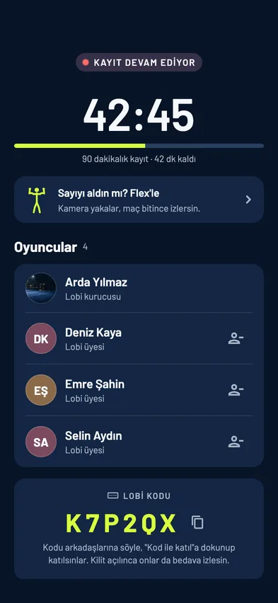 Kayıt sürüyor ekranı, geri sayım ve oyuncular
