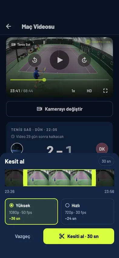 Kesit al paneli, zaman aralığı ve kalite seçimi